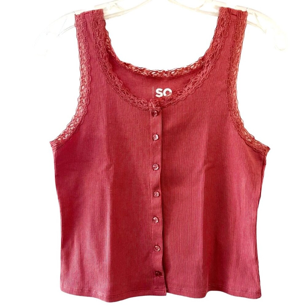 SO Juniors Lace Trim Button Front Tank Top